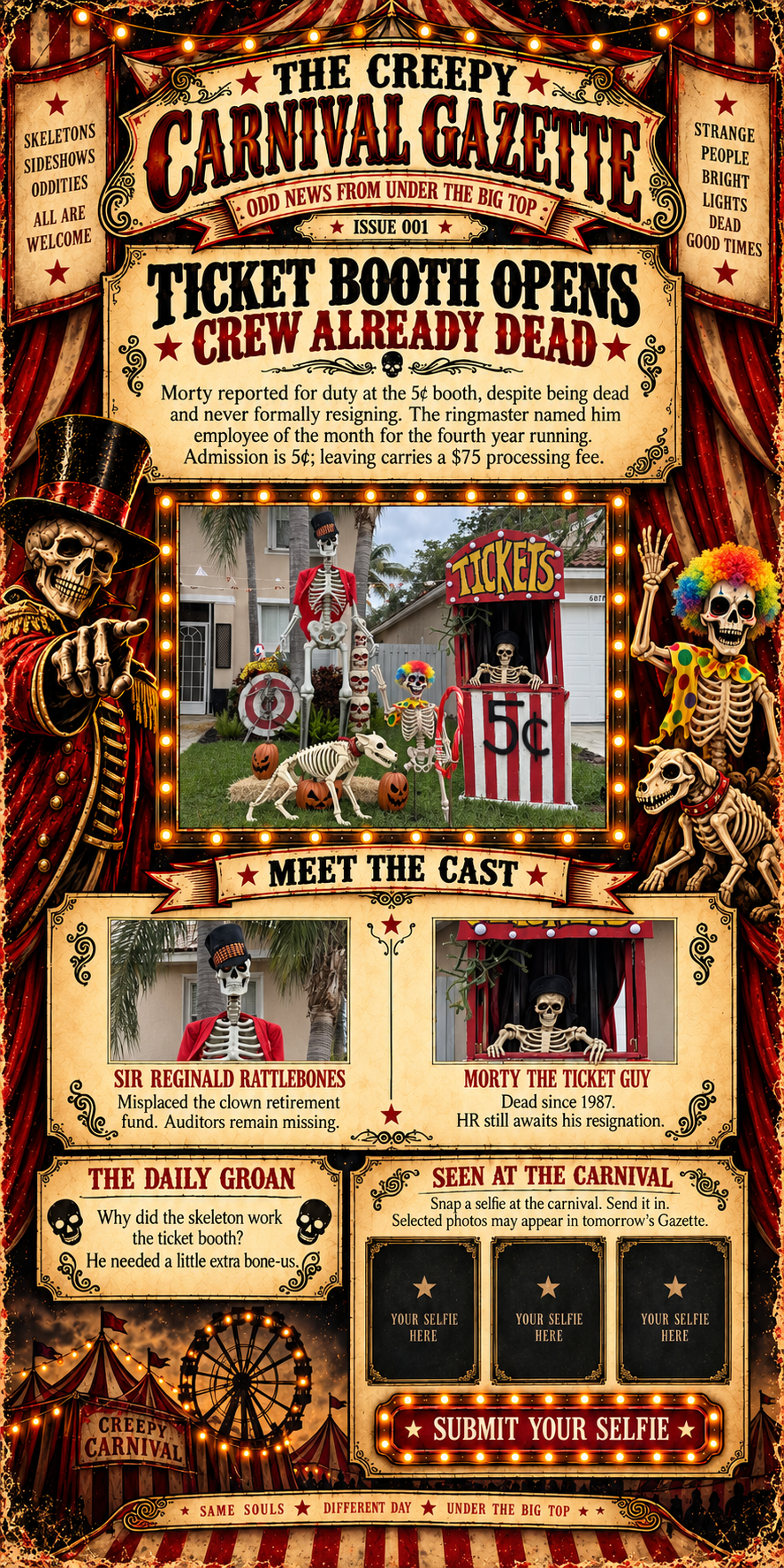The Creepy Carnival Gazette, Issue 001. Ticket booth opens, crew already dead. Morty reported for duty at the five-cent booth despite being dead. Meet the cast: Sir Reginald Rattlebones and Morty the Ticket Guy. The Daily Groan and a selfie gallery.